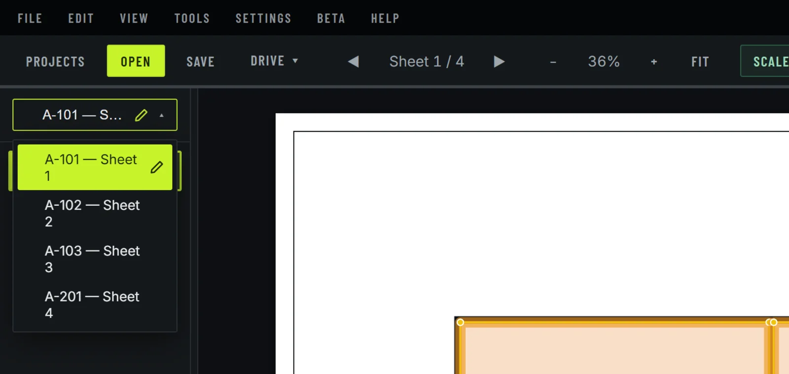 The sheet picker open on a four-sheet set, listing A-101, A-102, A-103 and A-201 by number.