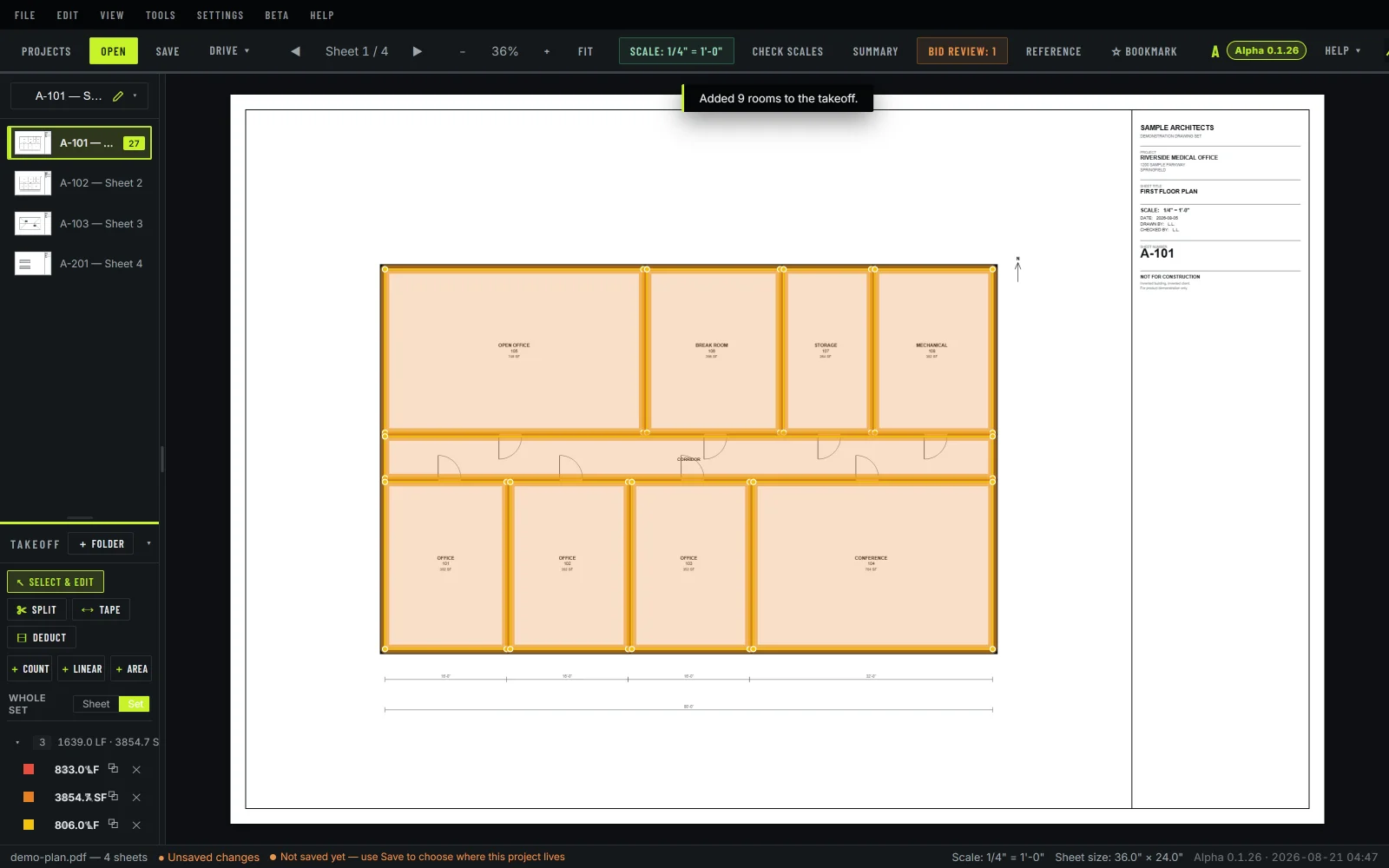Eight rooms measured on a floor plan, with wall, ceiling, and baseboard quantities beside the sheet.