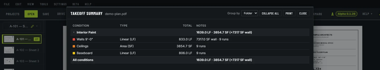 A takeoff summary listing walls, ceilings and baseboard with their types and totals, under a grand total for all conditions.